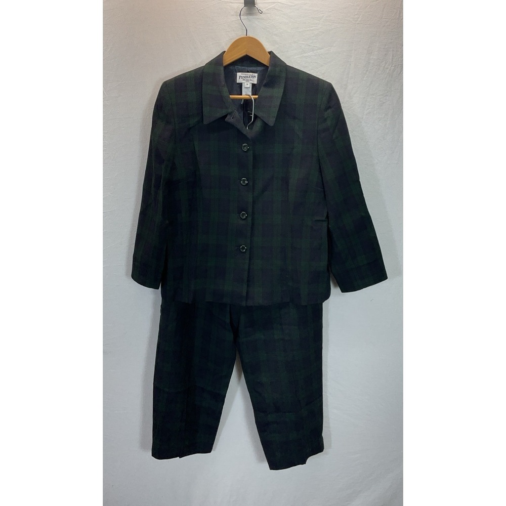 Vtg Pendleton Pant Suit Womens 14P Tartan Plaid Wool Office Black Watch USA